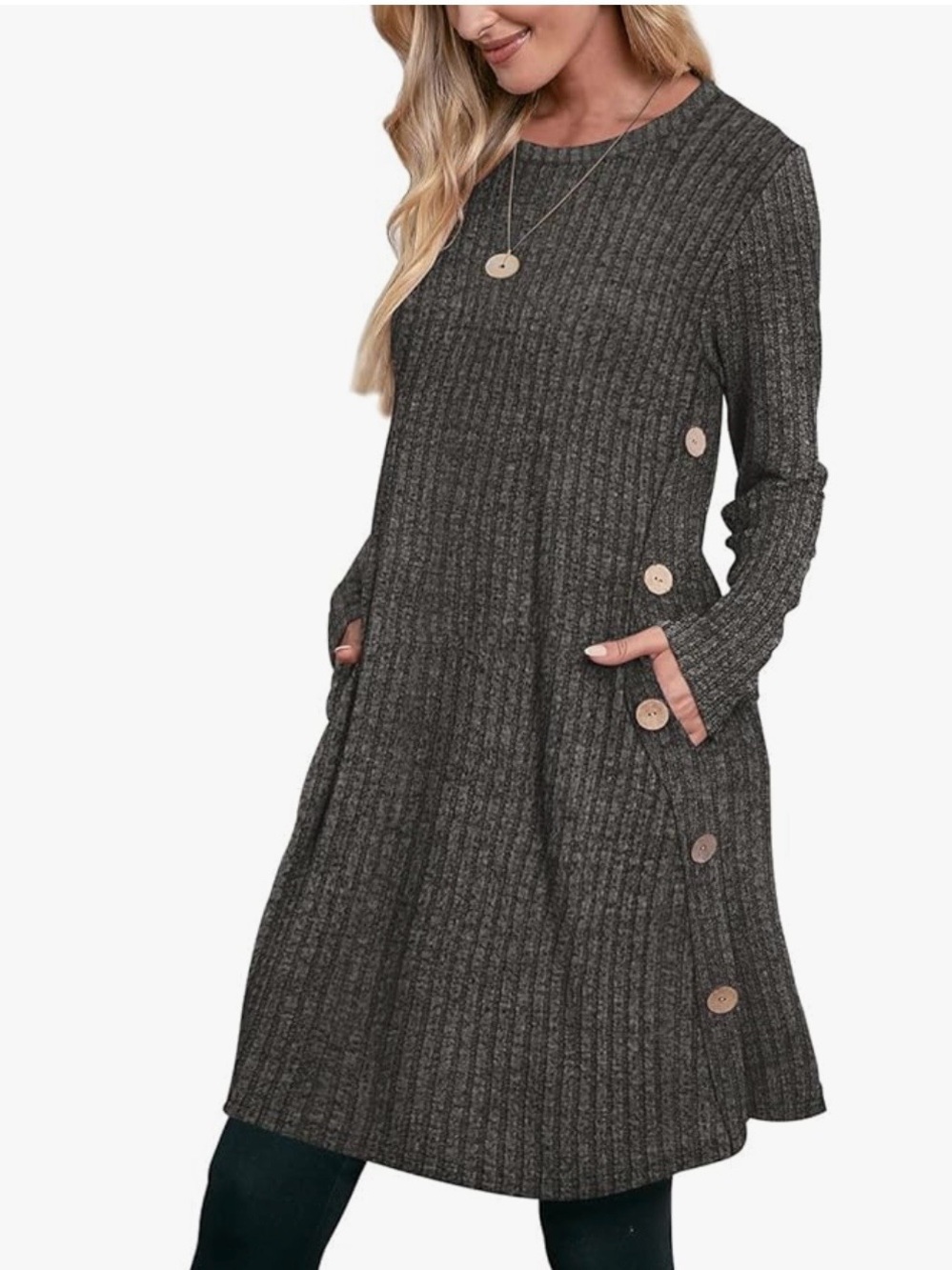 Ribbed Side-Button Long Sleeve Dress in Charcoal